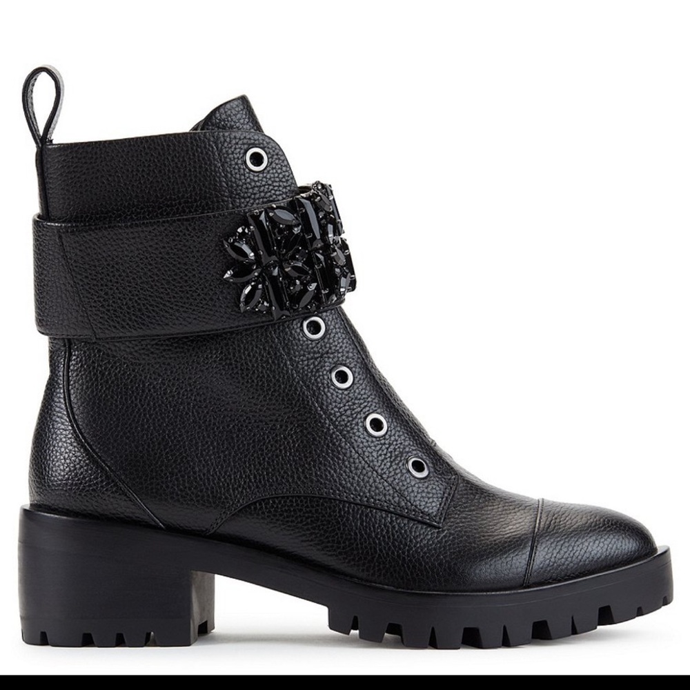 Karl Lagerfeld Pippa Jeweled Strap Leather Lug Sole Combat Booties